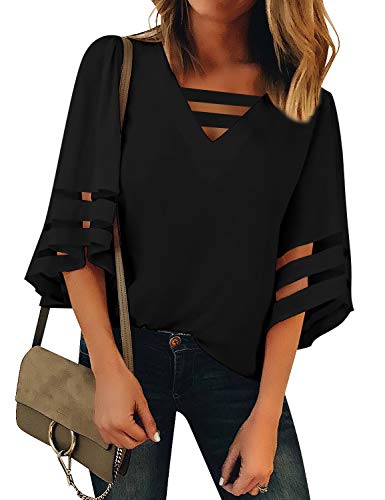 LookbookStore Going Out Tops for Women Blouses for Women Dressy Casual 2024 Summer Black Cute Tops 3/4 Bell Sleeve Loose Shirt Tops to Wear with Leggings Black Blouse Size XL Size 16 18