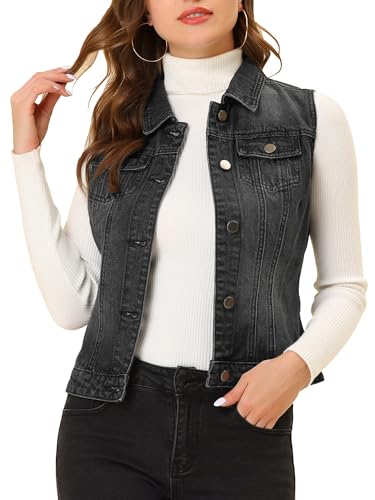 Allegra K Women's Washed Denim Buttoned Vest W Flap Pockets Small Yellow