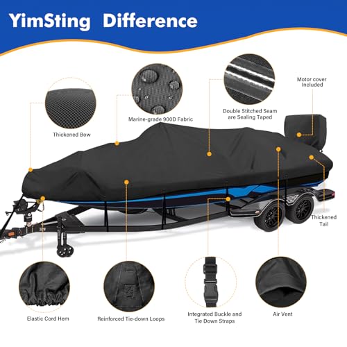 YimSting Boat Cover 14-15.8 ft feet 1200D Waterproof Boat Covers with Motor Cover Fits Bass Boat, V-Hull Tri-Hull Boat,Fish & Ski Boat, Runabout Bowrider Boat, 14' 15' Foot,Heavy Duty Canvas Black