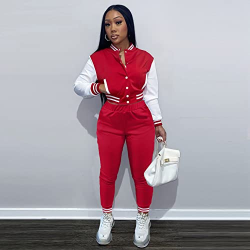 KELOVEPAN Casual Sweatsuits Women 2 Piece Sets Long Sleeve Patchwork Button Down Bomber Varsity Jackets Pants Set Sexy Black S