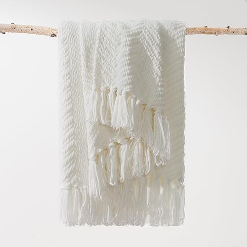 RECYCO Knit Chenille Throw Blanket, Textured Knitted Throw Blankets w/Tassels, Decorative Warm Soft Woven Throw for Couch Bed, Cream White, 50x60 in