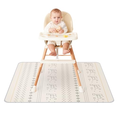 Innokids Baby Splat Mat for Under High Chair 51 x 51 Inch Waterproof and Washable Splash Mat Anti-Slip Floor Protector Under Highchair Mess Prevention (51" x 51", Beige Geometry)