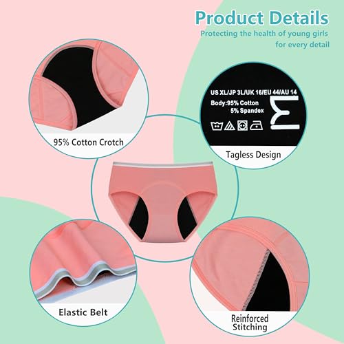 Geronmine Teen Girls Period Underwear Menstrual Leakproof Panties for First Period Starter Panty Kids Cotton Protective Brief (US, Age, 10-12 Years, Color-A)