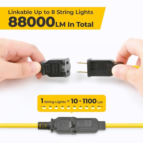 HYANGLUX 100ft Switch LED String Lights: 100w 11000lm ETL Certified Bright Industrial Outdoor Temporary Lighting Construction Hanging IP65 Waterproof 18AWG Wire Work Light for Attic Jobsite Garage