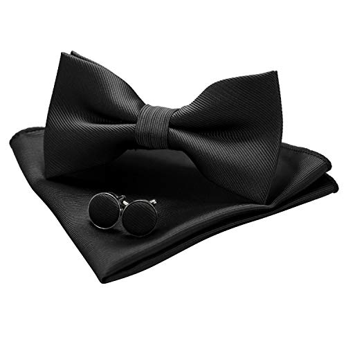 JEMYGINS Black Bow Tie Silk Bowtie and Pocket Square Hankerchief With Cufflinks Sets for Men(2)