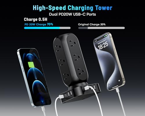 Flat Plug Power Strip Tower, 40W Total Fast Charging Station, Dual PD 20W USB-C Surge Protector with 12 AC Outlets and 8 USB Ports (4 USB C), 10FT Extension Cord for Home Office Dorm Room