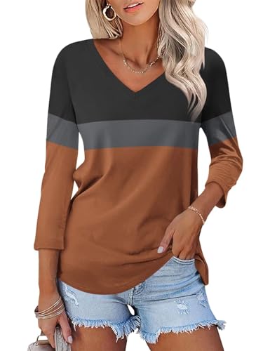 TICTICMISS Women's V Neck 3/4 Sleeve Tops Solid Shirts Basic Summer Tees B-Black