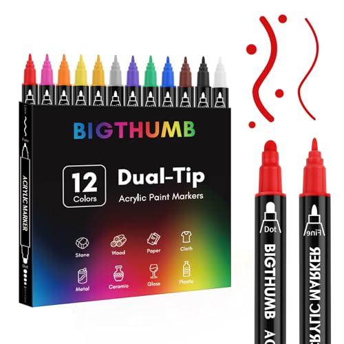 BIGTHUMB 12 Colors Acrylic Paint Pens, Dual Tip Acrylic Paint Markers with Fine Tip and Dot Tip, Paint Markers for Painting Rock, Wood, Canvas, Glass, Ceramic, DIY Crafts Making Art Supplies