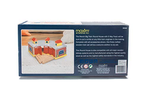 maxim enterprise, inc. Wooden Train Round House with 5-Way Switch Track for Kids, Wood Train Shed with 5 Doors. Houses 5 Engines & Cars, Compatible with Major Brand Wooden Railways