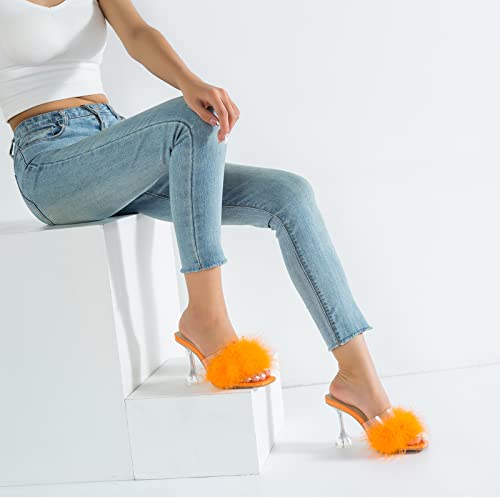 LIURUIJIA Women's Square Toe High Heel Mule Sandals Pink Fuzzy Heels heels Wedding bridal Party Dress Shoes Photo Like To Take Pictures