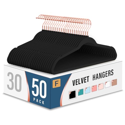 Velvet Clothes Hangers (50 Pack) Heavy Duty Durable Suit Hanger Vibrant Color Hangers Lightweight Space Saving Coat Hangers for Closet (Black-Rosegold)