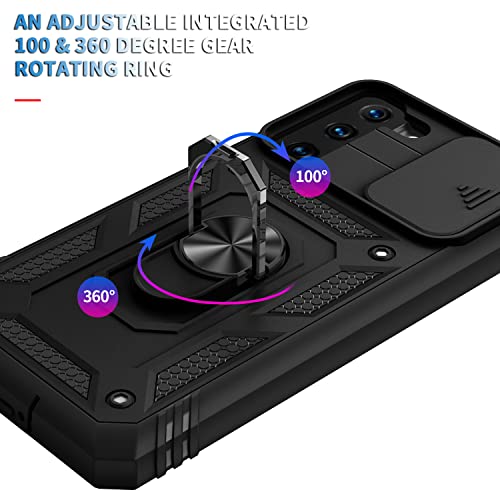 PASNEW for S21 5G Case with Kickstand & Camera Cover Slide & Charge Port Dust Plug,Military Rugged Heavy Duty Full Body Shockproof Protection Hard Shell for Samsung Galaxy S21,6.2 inch,Black