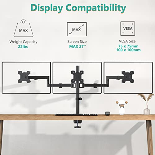 WALI Triple LCD Monitor Desk Mount Fully Adjustable Horizontal Stand Fits 3 Screens up to 27 inch, 22 lbs. Weight Capacity per Arm (M003S), Black