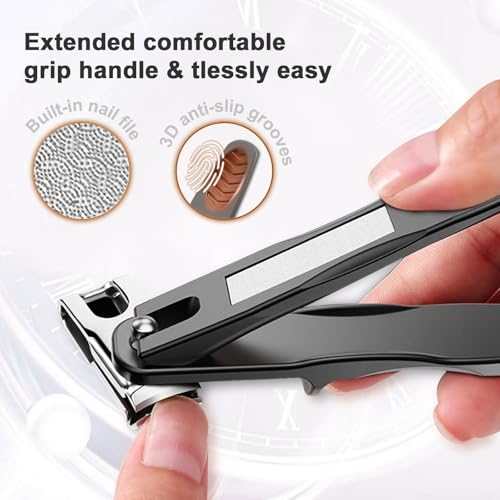 ILLFER Toe Nail Clippers for Seniors, 360° Rotating Long Handle Fingernail Clipper Ergonomic Nail Cutter for Men Women Premium Steel Nail Trimmer with Glass Nail File for Thick Toenails (Black)