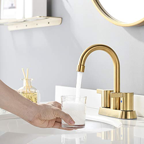 Brushed Gold 4 Inch 2 Handle Centerset Lead-Free Bathroom Faucet, Swivel Spout with Copper Pop Up Drain and 2 Water Supply Lines, BF015-1-BG