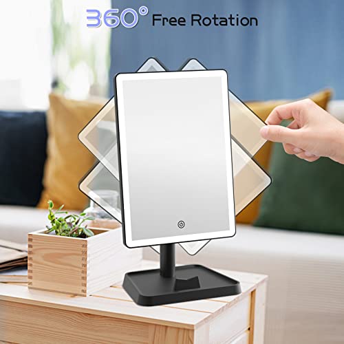 FUNTOUCH Rechargeable Makeup Vanity Mirror with Lights, Large Lighted Desk Makeup Mirror with 96 LED Lights and 10x Magnifying, 3 Color Lighting, Make up Light Mirror with Phone Holder