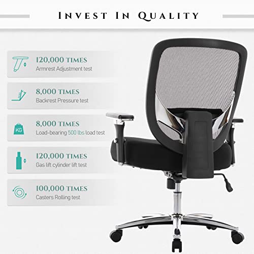 COLAMY Big and Tall Office Chair 500lbs, Heavy Duty Ergonomic Mesh Chair, Computer Executive Desk Chair with Wide Thick Seat, 4D Armrests, Adjustable Lumbar Support and Tilt-Black