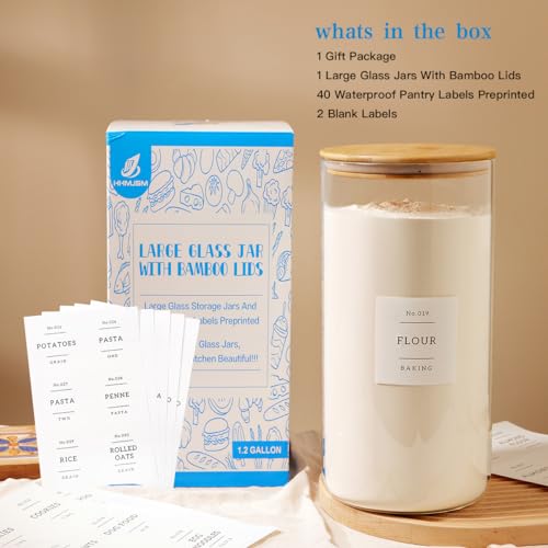 HHMJSM 1.2 Gallon Large Glass Grain Storage Container With Airtight Bamboo Lid - Kitchen Glass Storage Jars With 42 Pantry Labels - Thicken Big Clear Rice and Flour Containers For Your Pantry