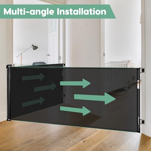55 Inch Retractable Baby Gate Retractable Dog Gate for The House Retractable Pet Gate for Dogs Indoor Retractable Baby Gates for Doorways Mesh Baby Gate Retractable Mesh Gates for Kids Or Pets (Black)