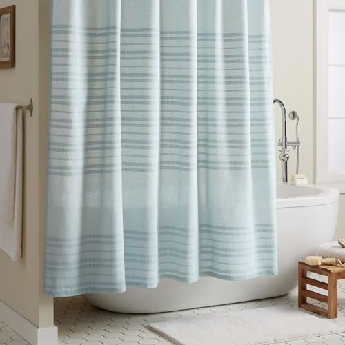 TOWN & COUNTRY EVERYDAY Sophia Textured Solid Cotton-Rich Breathable Fabric Shower Curtain with Reinforced Buttonhole Top Hem, Aqua Blue, 70"x72"