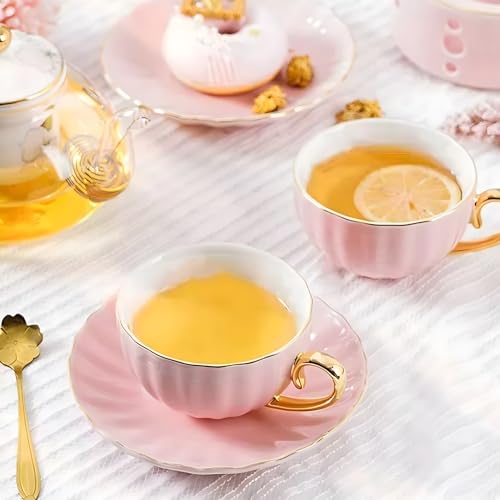 ICHAG Tea Cups and Saucers Set, Tea Cup Set, Cappuccino Cup, 7oz Vintage Porcelain Teacup and Saucer Set with Golden Spoon, Latte Cups, Coffee Cup Set for Women's Tea Party, Home Office Gifts (1pc)