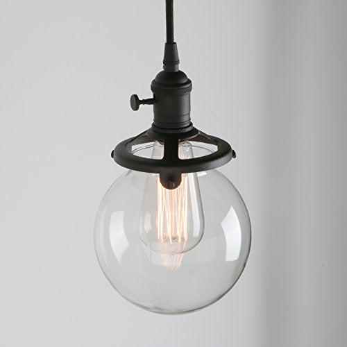 PERMO Vintage Rustic Industrial 3-Lights Kitchen Island Chandelier Triple 3 Heads Pendant Hanging Ceiling Lighting Fixture with Mini 5.9" Round Clear Glass Globe Shade (Black)