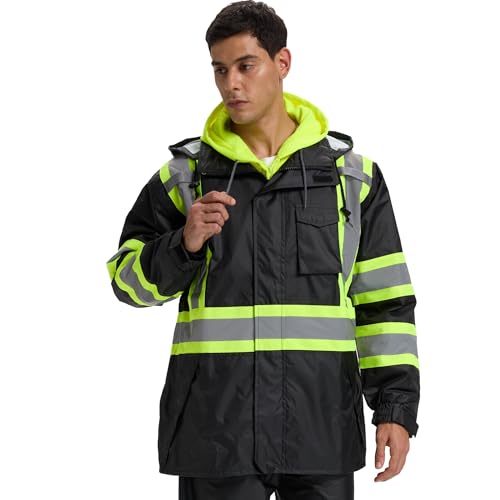 Hi Vis Rain Jacket for Men,Waterproof Class 3 Safety Rain Suit with Removable Hood & Black Bottom,High Visibility Rain Gear with Interior Mesh Lining