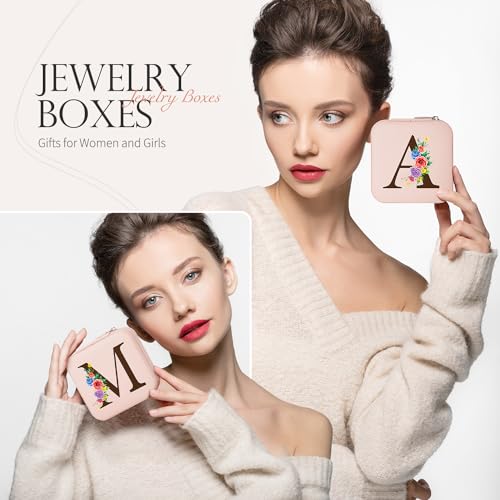 Sepaumo Initial Travel Jewelry Case, Small Travel Jewelry Organizer Box for Women Girls, Personalized Graduation Birthday Gifts for Her Mom Kids Necklace Earring Ring Organizer (V, pink)