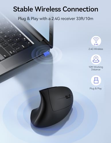 TECKNET Ergonomic Mouse, Rechargeable Vertical Ergo Mouse Wireless, Silent 2.4GHz 6 Buttons Optical Carpal Tunnel Mouse, 5 Adjustment Levels, Up to 4800DPI Wireless Mouse for Laptop, Desktop, PC