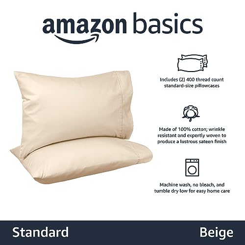 Amazon Basics 400 Thread Count Cotton Pillow Case, Standard, 30" L x 20" W, Beige - Set of 2, Pillows Not Included