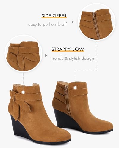 Coutgo Womens Wedge Booties Fall Ankle Boots Tie Knot Stacked Heeled Side Zipper Winter Dress Shoes, Beige, Size 6.5
