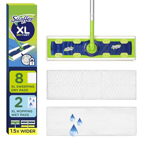 Swiffer Sweep + Mop XL, Broom & Mop Alternative, Floor Cleaner for Dirt, Dust, Hair, All Purpose Cleaning Tool for Home, Bathroom, Kitchen, Set Includes 1 XL Sweeper 8 XL Dry Pads 2 XL Wet Pads Fresh