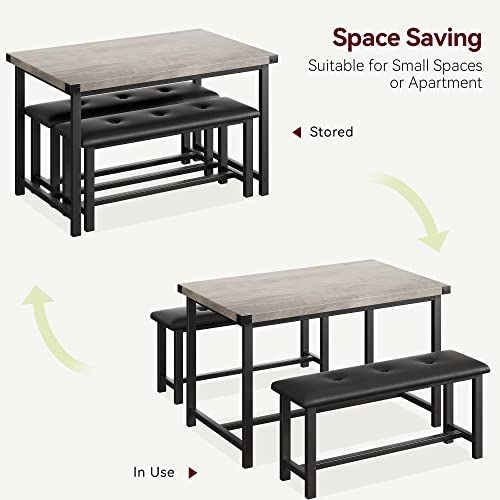 Alkmaar Kitchen Table Set with 2 Benches, Rectangular Dining Table for 4, Upholstered Benches, Farmhouse Style, Retro Gray