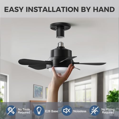 16 Inch Socket Fan Lights with E26/E27 Base: Socket Ceiling Fan with Remote & App Contro Screw into Small Ceiling Fan Light with 6 Speeds 3 Color Dimmable for Bedroom Living Room Kitchen Home Garage