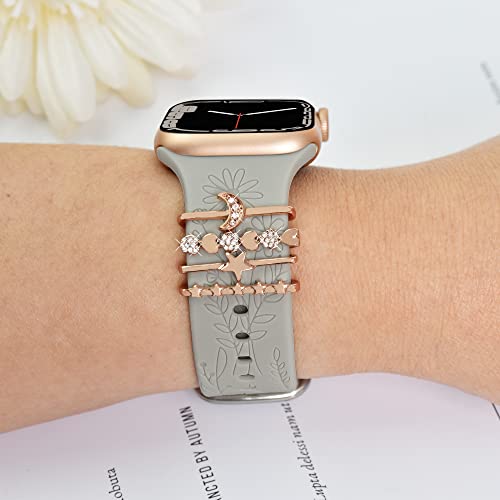 YOPICKERN 4 Pack Floral Engraved Bands with Charms Compatible with Apple Watch Band 40mm 41mm 38mm, Soft Women Sport Silicone Strap Replacement Wristbands for iWatch Bands Series 9 SE 8 7 6 5 4 3 2 1
