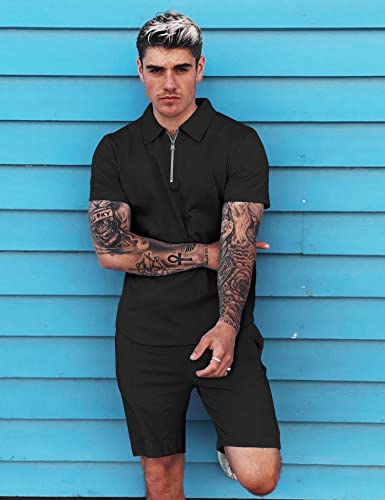 URRU Men's Polo Short Sleeve T Shirt and Shorts Set Summer 2 Piece Outfit Royal Blue M