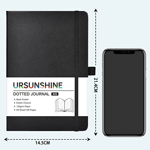 Dotted Journal/Notebook - Dot Grid Hard Cover Notebook, Premium Thick Paper with Fine Inner Pocket, Black Smooth Faux Leather, Pen Loop, 5.3'' x 8.26'' - Light Green