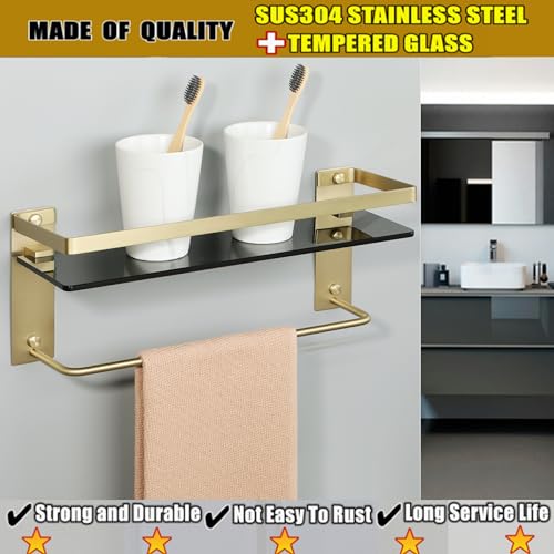 Alise Bathroom Shelves Glass Shelf with Bar,Wall Mount Floating Shelves for Bathroom,1 Tier Tempered Glass Holder Storage Organizer,SUS304 Stainless Steel Gold and Black GDL2001-GB