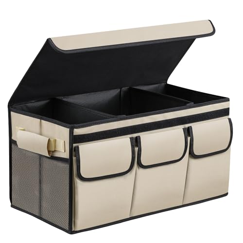 Car Trunk Storage Organizer With Lid, Collapsible Multi Compartment SUV Trunk Organizer, Non Slip Bottom, Waterproof, Dust-proof, Durable Foldable Mesh Pockets Storage For More Trunk Space(M Beige)