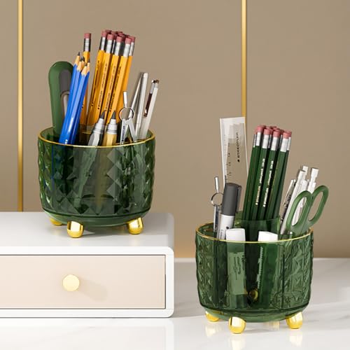 GOTOBA Dark Green Pen Pencil Holder for Desk, 360° Rotating Pen Organizer, Green Office Supplies, Cute Pen Holder, 6-Compartment Pencil Holder Rotating