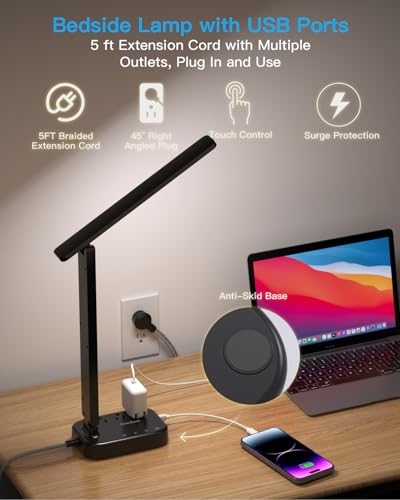 Power Strip with LED Desk Lamp, 3 Outlets 4 USB Ports(2 USBC) 4 Modes 5 Level Touch Lamp Small Desk Lamp for Home Office Bedroom Bedside, Study Reading Light, 5ft Extension Cord, Dorm Room Essentials