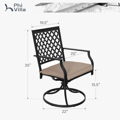 PHI VILLA Outdoor Metal Swivel Chairs Set of 2 Patio Dining Chair with Cushion Furniture Set for Garden Backyard Bistro, Small Grid, Black