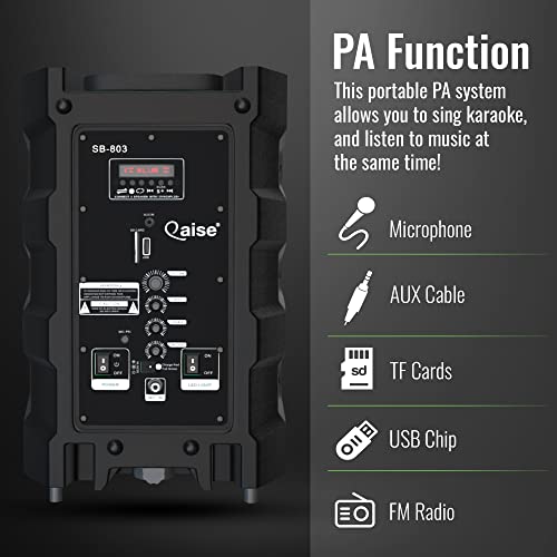 QAISE Portable PA System with Wireless Mic - Bluetooth Party Boombox Speaker & Karaoke Machine with Lights, Dual 10” Subwoofer, X-Bass & 8000 Watts Peak Power - SonicBoomer X-Dix