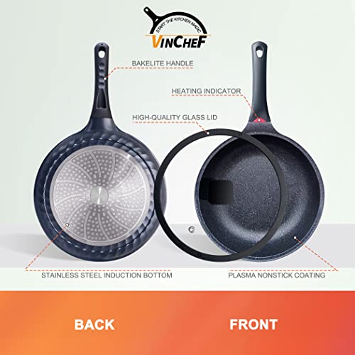 Vinchef Nonstick Skillet with Lid, 9.5In/3Qt Aluminum Saute Pan with Lid and Heat Indicator, German C3+ Non Sticking Coating- Induction Deep Frying Pan, Black