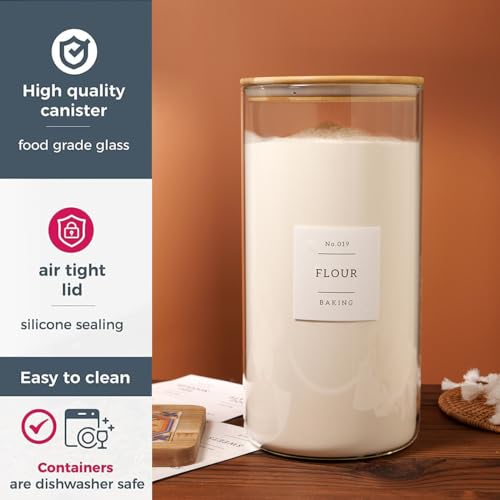 HHMJSM 1.2 Gallon Large Glass Grain Storage Container With Airtight Bamboo Lid - Kitchen Glass Storage Jars With 42 Pantry Labels - Thicken Big Clear Rice and Flour Containers For Your Pantry