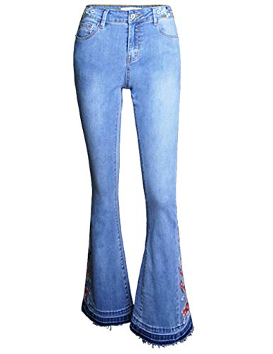 Women's Flared Fit Jeans Bell Bottom Denim Pants with Contrast Wash Hem Detail (Embroidered Blue, 4)