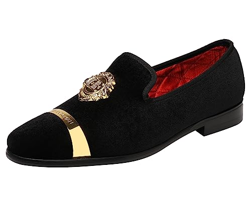 ELANROMAN Black Men Dress Velvet Loafers Gold Buckle Fashion Designer Penny Slippers Wedding Party Dance Shoes US 8