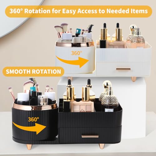 Zufudo Makeup Organizer Countertop with Drawers 360 Rotating Makeup Brush Holder Large Capacity Skincare Organizer for Vanity Desk, All Black