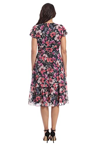 London Times Women's Double Flutter Sleeve Surplice Tiered Midi, Black/Rose