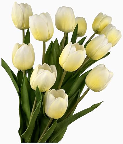 Mythlty Set of 12 Pale Yellow Tulips Artificial Flowers Real Touch Realistic Long Stems Tulips Flowers 20 Inches That Look Real for Indoor Home Office Wedding Bridal Shower Decor (Light Yellow)